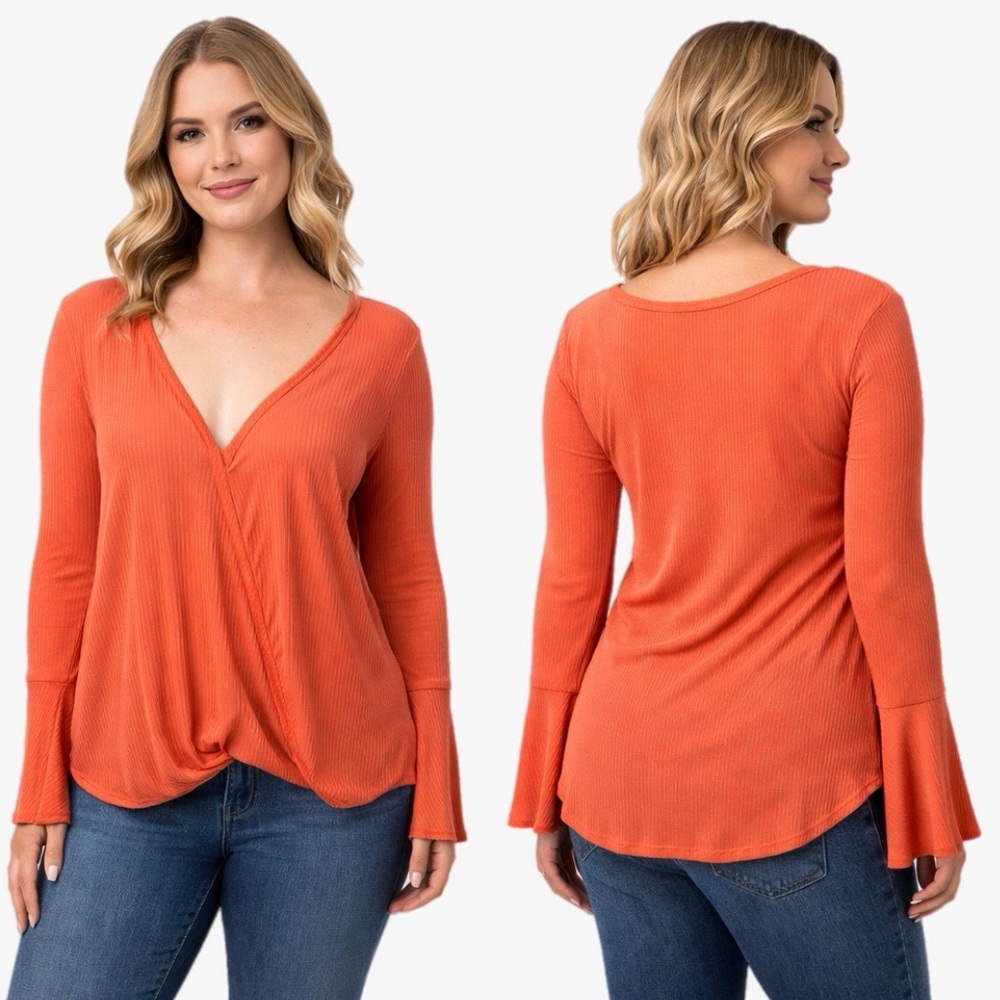 Lucky Brand Coral Hook Front Bell Sleeve Top